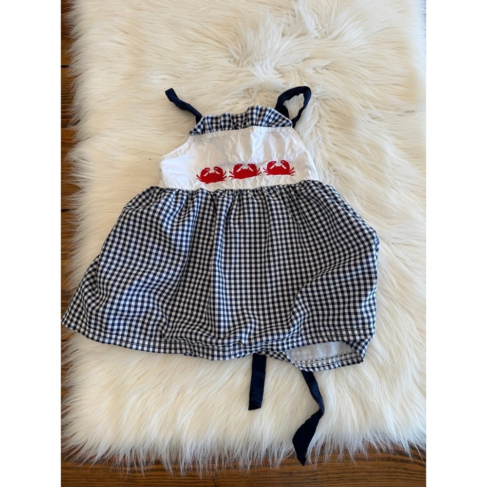 Honey Bean crab embroidered top blue gingham size 4 EUC